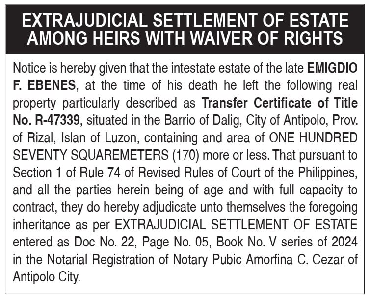 Extrajudicial Settlement of Estate Among Heirs with Waiver of Rights - Ebenes